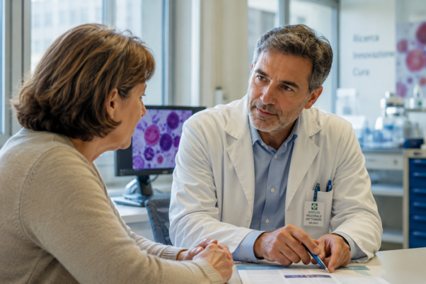 Medico e paziente durante una visita ematologica per rappresentare diagnosi, cura e nuove terapie dei tumori del sangue