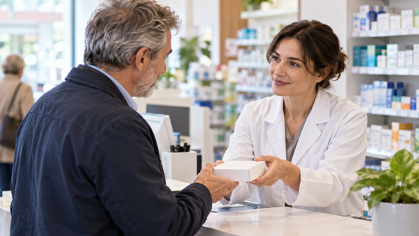 Persona in farmacia durante il percorso di screening per la prevenzione del tumore del colon-retto